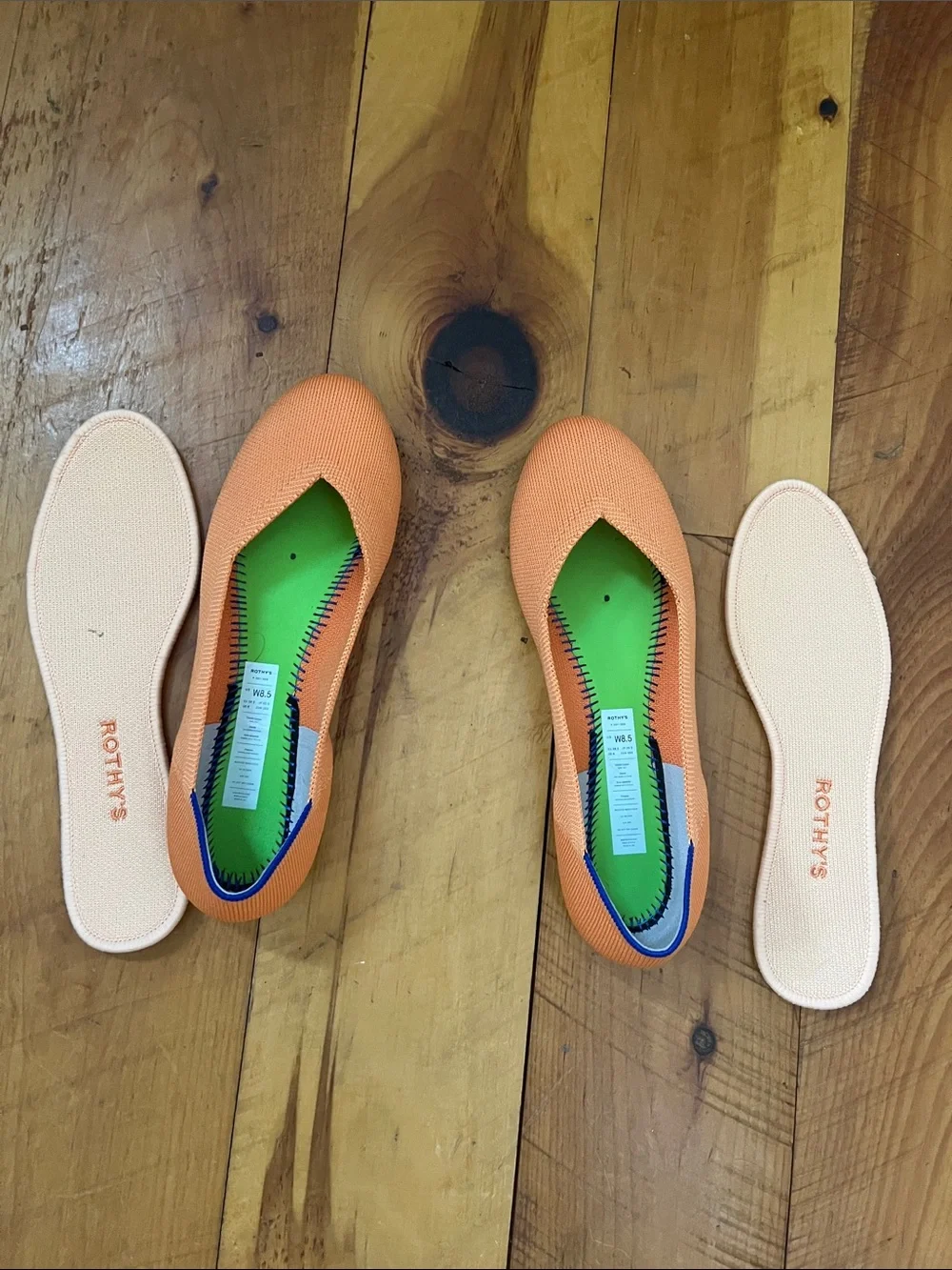 Rothy's Orange Knit Flats with Lime Green Insole